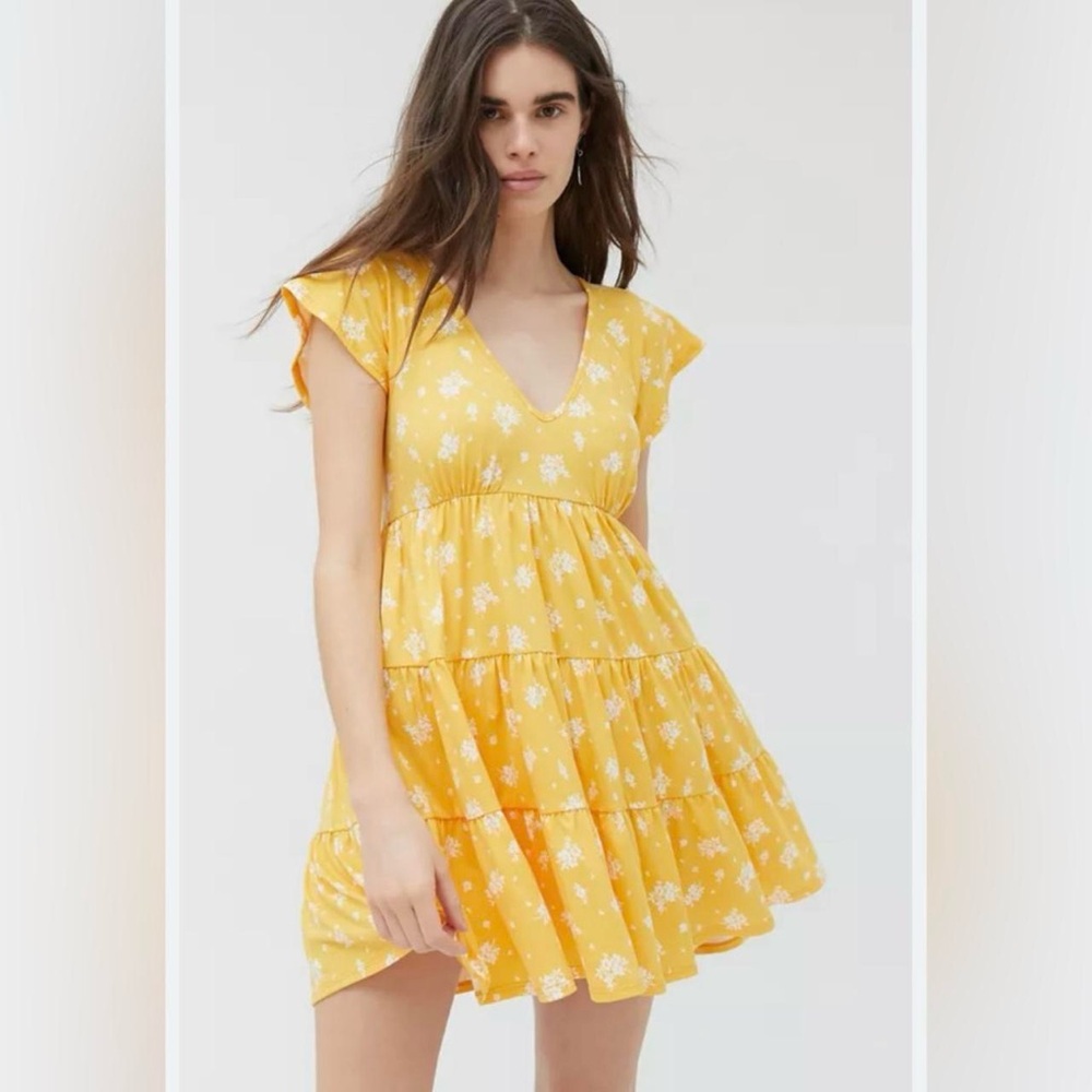 Urban Outfitters Julia Tiered Ruffle Frock Mini Dress Yellow Size Medium
